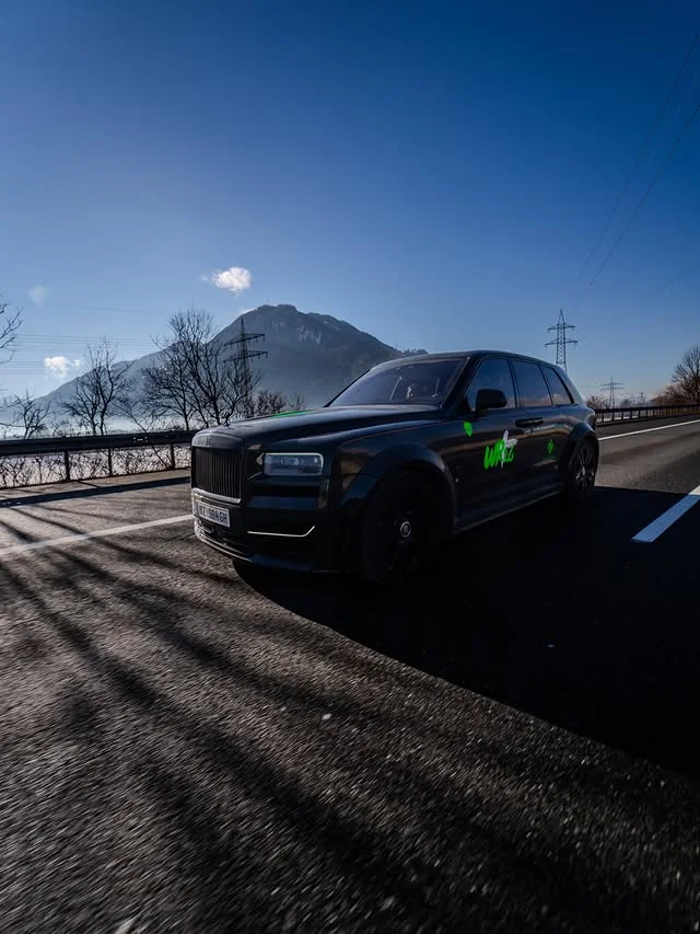 Konzern-Fahrzeug mit Lions-Run-Rallye-Branding, Alpen-Etappe